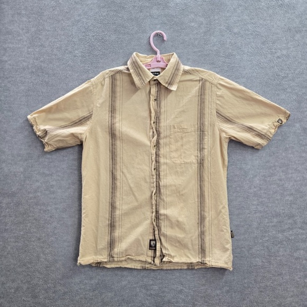 Kuhl Men Shirt M Beige Striped Pockets Short Sleeve Logo Cotton Collar